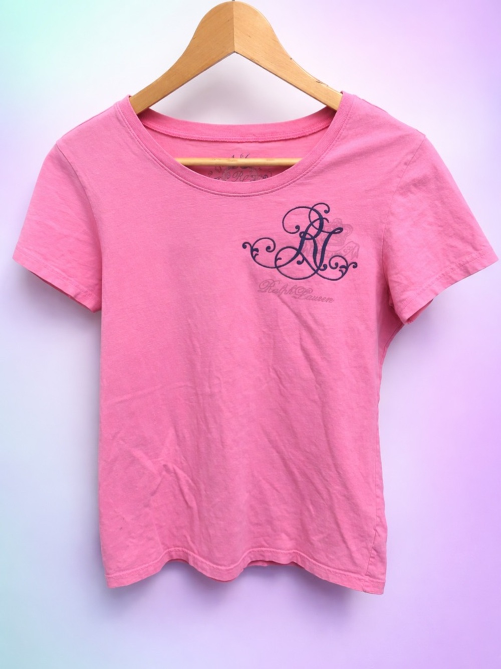 Ralph Lauren Pink Short-Sleeve Tee with Navy Monogram M y2k vintage